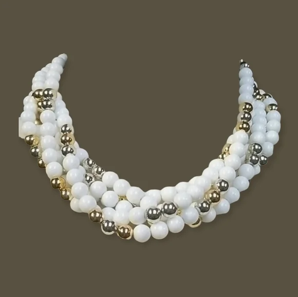 Vintage 1950s Mid Century Choker Beaded Gold & Silver Tone Multi-Strand Necklace - Picture 4 of 15